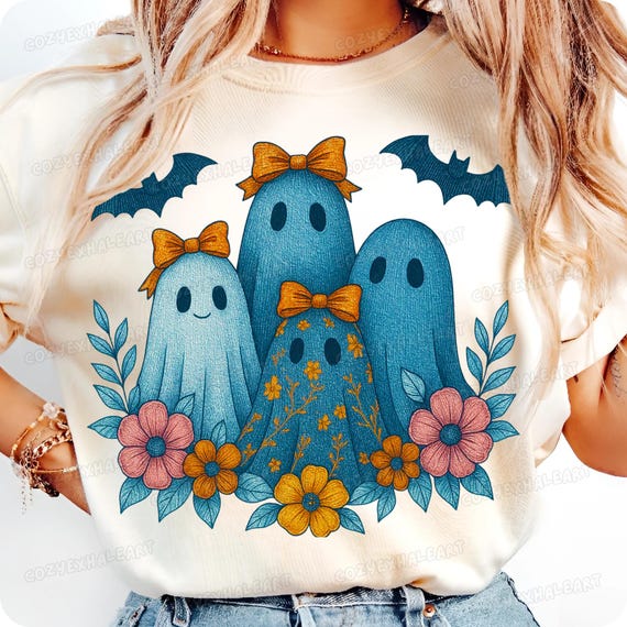 Vintage Denim Ghost PNG: Coquette Patchwork Boo Clipart for Spooky Fall Shirt Designs