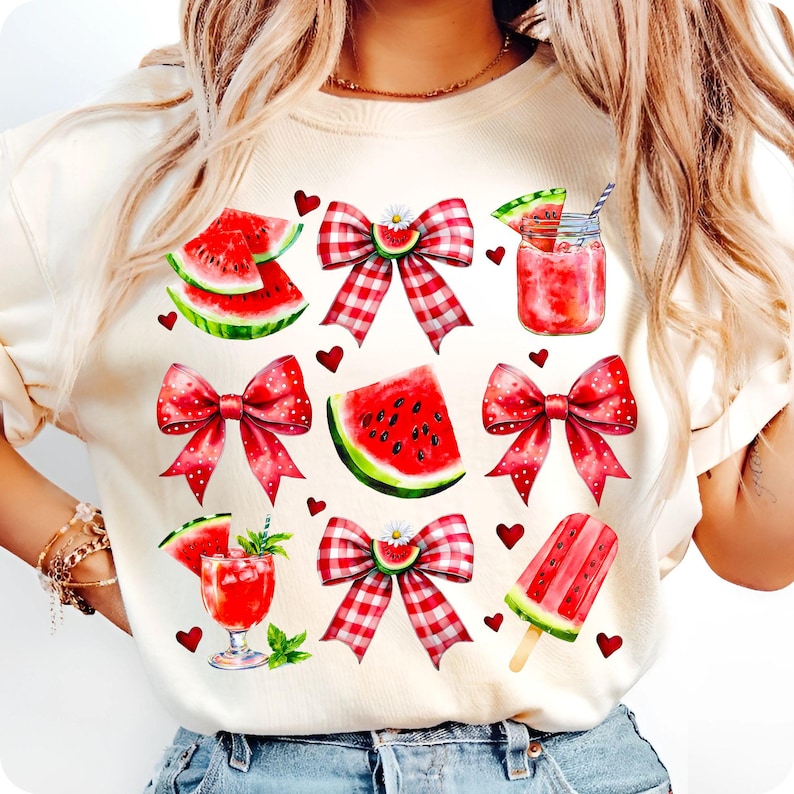 Example of the Coquette Watermelon Bow PNG design on a stylish summer t-shirt