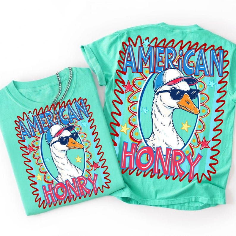 American Honey Goose patriotic doodle design examples for custom apparel and drinkware.