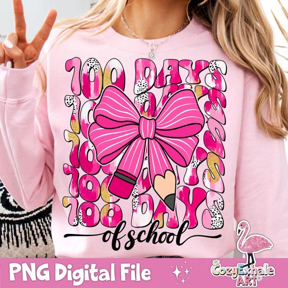 Coquette Bow 100 Days of School Pencil PNG: Teacher Sublimation (Digital Download)