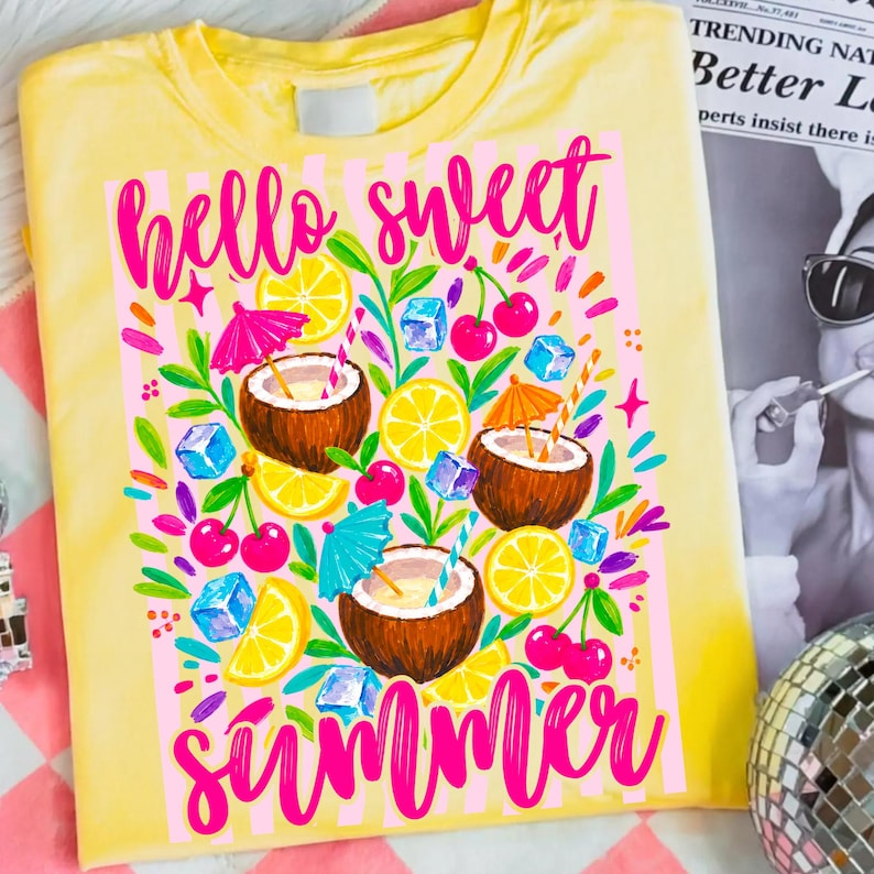 Vibrant 'Hello Sweet Summer' PNG design featuring a preppy tropical coconut drink with cherry and lemon accents.