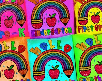 Pacchetto PNG "Ritorno a scuola" arcobaleno retrò: design per insegnanti e studenti (download digitale)