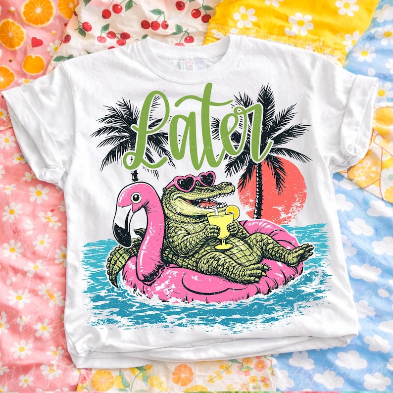 Detailed view of the Later Gator digital PNG file, featuring a preppy alligator in a flamingo float against a retro sunset.