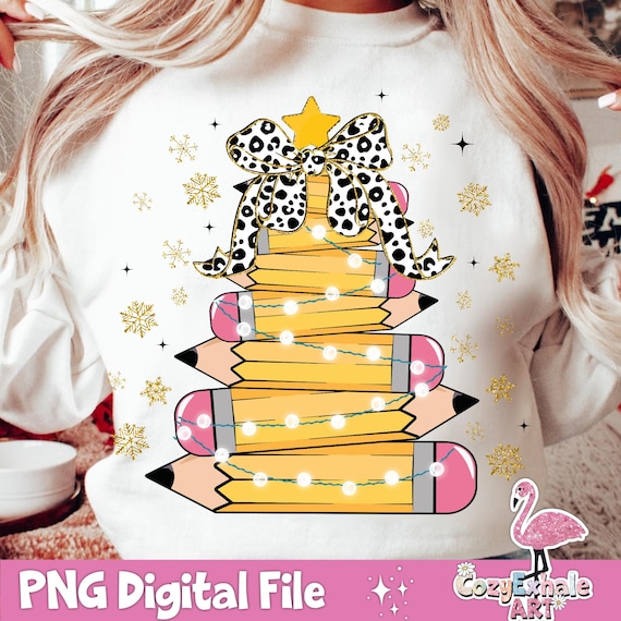 Merry Teacher Christmas PNG: Crayon Tree Lights Design (Digital Download)