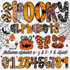 Könnte beinhalten: Ein Halloween-Design mit dem Wort "SPOOKY" und "Alphabete" in dekorativen Schriftarten. Enthält einen Geist, einen Kürbis, Schleifen und Zahlen. Das Design ist in Orange, Schwarz und Lila gehalten.