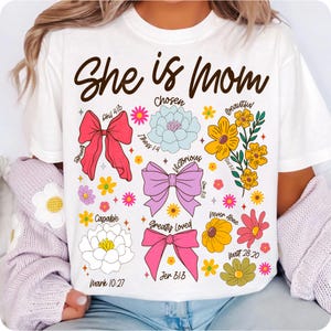 She Is Mom Coquette PNG, Christian Mama Floral Wildflower Design, Retro Boho Mother's Day Sublimation, Bible Verse Mom PNG