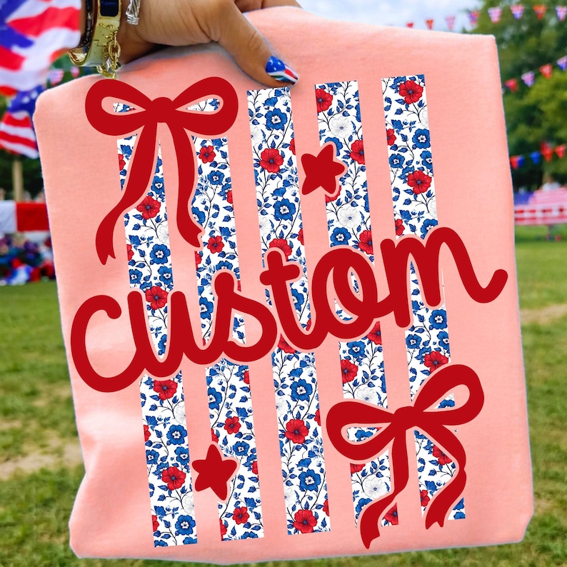 Mockup of a t-shirt featuring the personalized 4th of July coquette design.