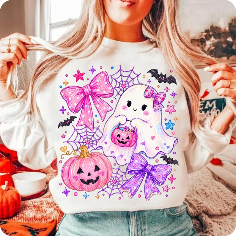 Close-up of the Preppy Coquette Ghost design, highlighting its intricate details and pink hues.