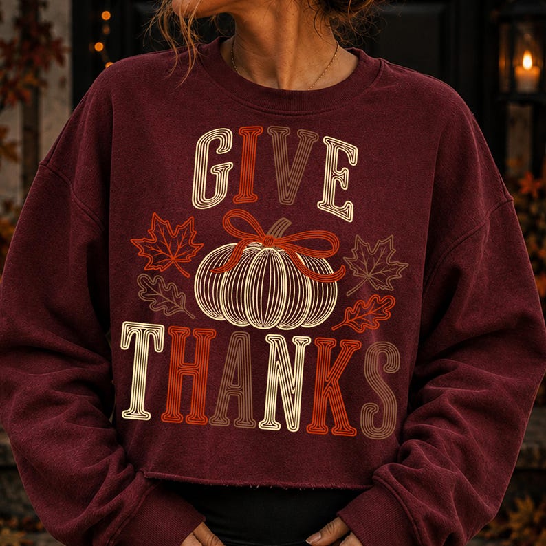 Puede incluir: Una sudadera de manga larga color granate con el texto GIVE THANKS en una fuente retro de varias capas. Centrada entre las palabras hay una ilustraci&oacute;n lineal de una calabaza con un lazo rojo, rodeada de contornos de hojas de oto&ntilde;o.