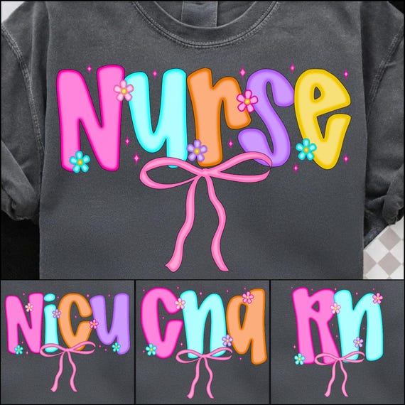 Stylish Floral Nurse Png: Checkered Bow Design for RN, CNA, NICU - Trendy Sublimation Clipart