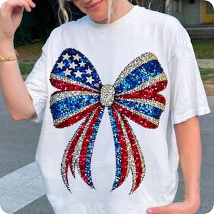 Faux Rhinestone USA Coquette Bow PNG, Girly Red White Blue 4th of July Sublimation, Patriotic American Girl Memorial Day Shirt Design