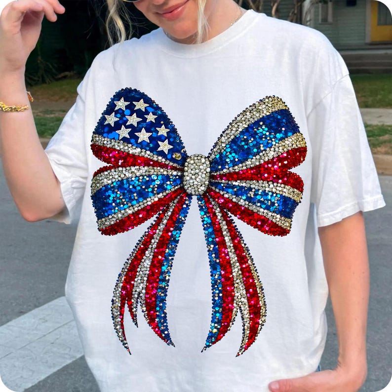 Faux Rhinestone USA Coquette Bow PNG, Girly Red White Blue 4th of July Sublimation, Patriotic American Girl Memorial Day Shirt Design