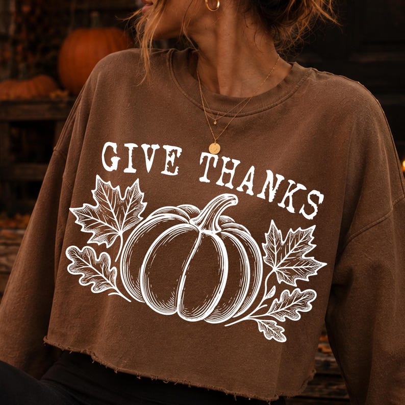 Give Thanks Pumpkin Fall Shirt Design โ White Line Art on Dark Fabric