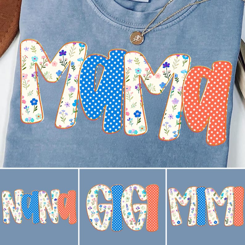 Vibrant 'Mama' 4th of July sublimation design with patriotic floral bubble letters