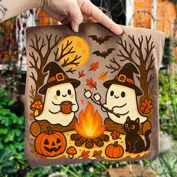Retro Halloween Ghost PNG: Campfire, Floral Boo, Cozy Fall Design (Digital Download
