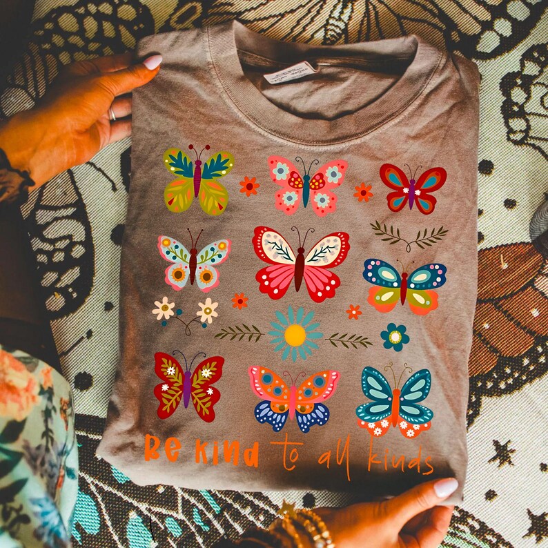 Be Kind to All Kinds PNG, Boho Floral Design, Inspirational Shirt, Butterfly & Wildflower Sublimation, Positive Quote