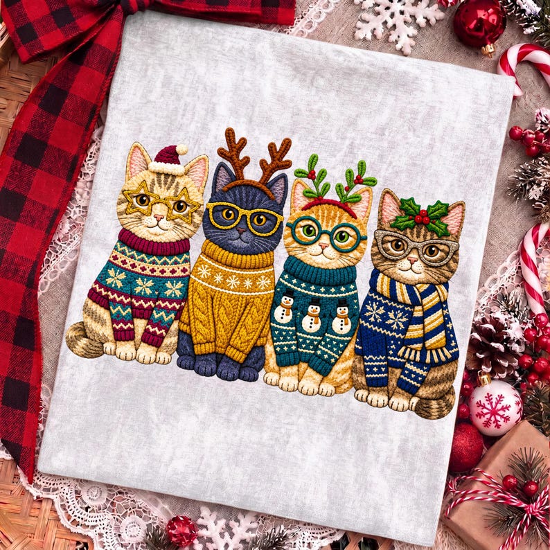 May include: A light gray fabric featuring an embroidered design of four cats sitting in a row. Each cat wears glasses and a colorful winter sweater. The cats are adorned with festive accessories including a Santa hat, reindeer antlers, and holly.