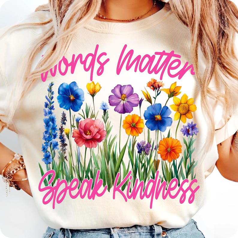Words Matter Speak Kindness PNG with boho watercolor wildflowers and bold pink lettering on a white background.