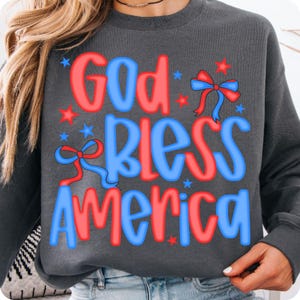 Preppy America Coquette PNG, God Bless America Bow Design, Christian 4th of July Sublimation, Patriotic Cross USA Shirt Graphic