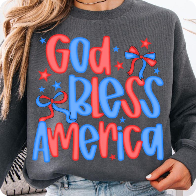 Close-up of the patriotic red and blue typography with a charming coquette bow element