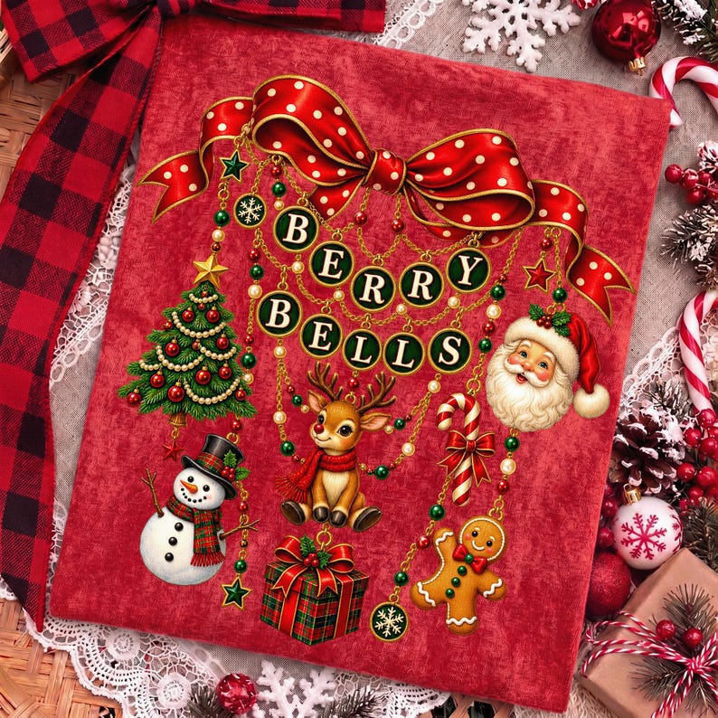 Op de afbeelding: Een rood stoffen oppervlak met een grote rood-witte stippen strik aan de bovenkant. Aan de strik hangen gouden kettingen met ornamenten, waaronder een kerstboom, een sneeuwman, een rendier, een cadeau, een peperkoekmannetje en de Kerstman.