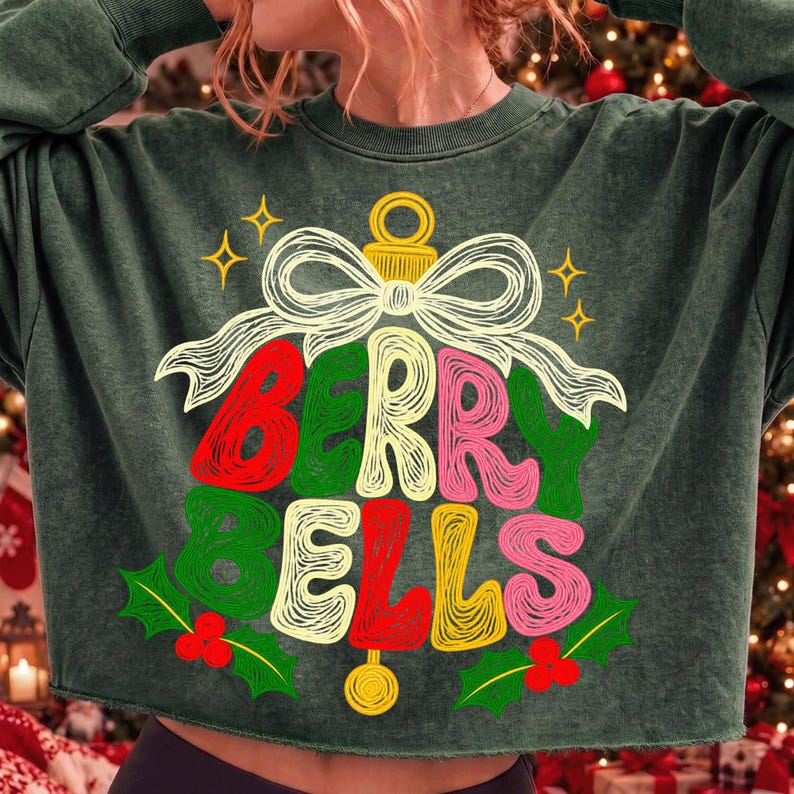 Berry Bells faux embroidery digital design on a Christmas sweatshirt, featuring a retro coquette bow and stitched texture.