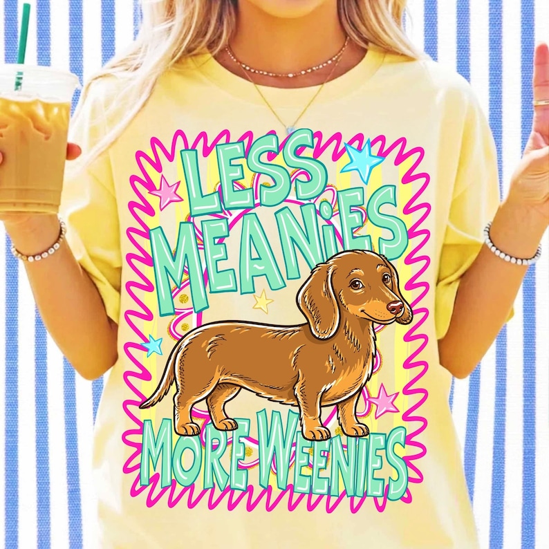 Custom mug mockup showcasing the 'Less Meanies More Weenies' Doxie dog lover graphic, perfect for summer.
