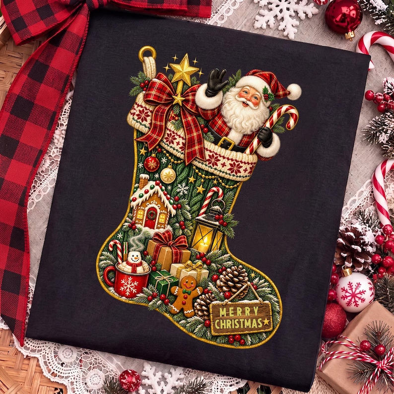Może przedstawiać: Czarny t-shirt z dużą grafiką zielonej świątecznej skarpety wypełnionej bożonarodzeniowymi motywami, takimi jak postać Świętego Mikołaja, domek z piernika, latarnia, prezenty, bałwan w kubku oraz tabliczka z napisem Merry Christmas.