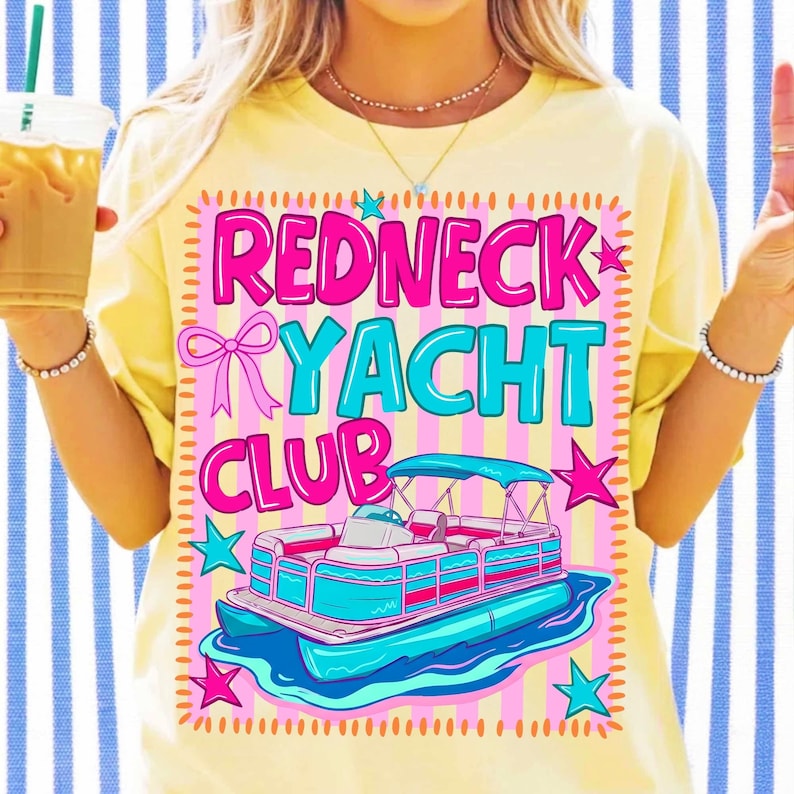 Redneck Yacht Club PNG sublimation design featuring a pontoon boat, preppy pink bow, and lake life theme in retro style.