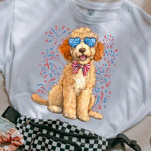 Goldendoodle Patriotic PNG, Fourth of July Dog Clipart, USA Dog Digital Illustration, Red White Blue Bow, Retro 4th of July Sublimation