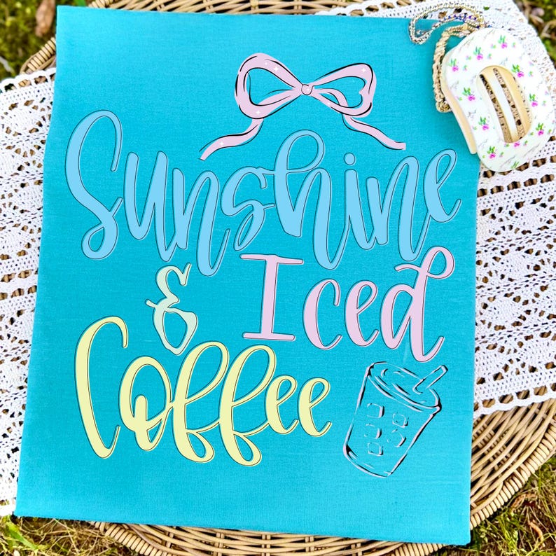 Pastel Summer Beach Sublimation Design with Pink Bow and Iced Coffee