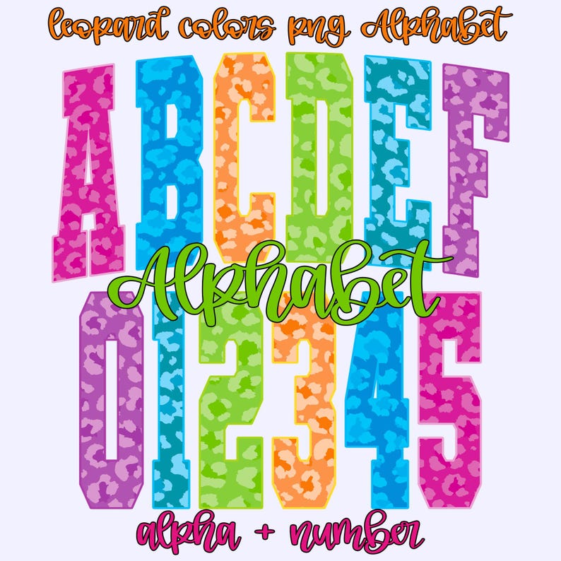 Preppy Neon Leopard Alphabet PNG Bundle Varsity Letters and Numbers Sublimation Design Sports Game Day College Font Alpha Pack Digital