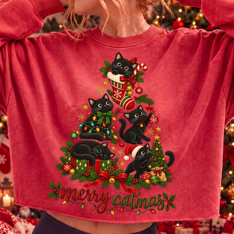 Merry Catmas Black Cat Christmas PNG design on a white ceramic mug mockup