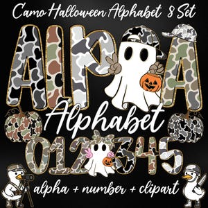 May include: A digital design set featuring a camo Halloween alphabet, numbers, and clip art. The letters and numbers have a camouflage pattern in shades of gray, brown, and black. The design includes ghost characters, pumpkins, and ducks.