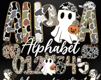 Camo Halloween Alphabet PNG, Ghost Clipart, Camouflage Letters & Numbers, Spooky Font for Sublimation Cricut Procreate