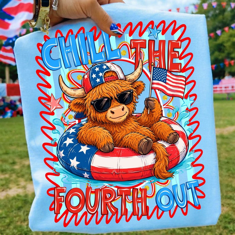 Close up of the American flag patriotic highland cow digital PNG design showing vibrant colors