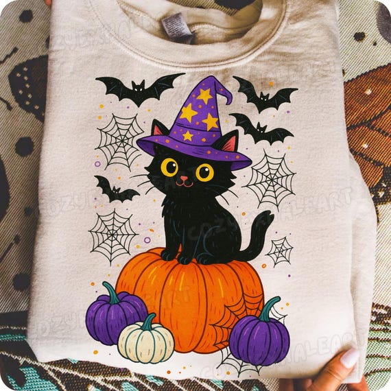 Vintage Gothic Black Cat Pumpkin Halloween PNG: Spooky Sublimation Design Digital Download