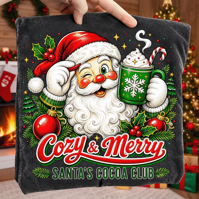 K&ouml;nnte beinhalten: Ein dunkelgraues T-Shirt mit einer Grafik vom zwinkernden Weihnachtsmann, der eine gr&uuml;ne Tasse mit wei&szlig;em Schneeflockenmuster und eine Zuckerstange h&auml;lt. Der Text lautet Cozy & Merry SANTA'S COCOA CLUB, umgeben von Stechpalmen, Tannen und roten Kugeln.