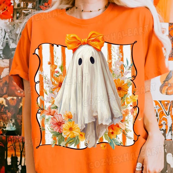 Floral Ghost PNG: Coquette Halloween Sublimation Design for Trendy Vintage-Inspired Shirts