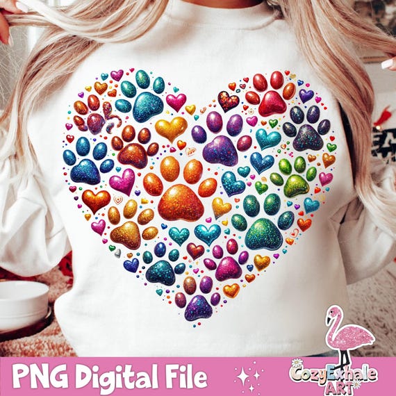 Colorful Dog Paws Heart PNG: Sublimation Design (Digital Download)