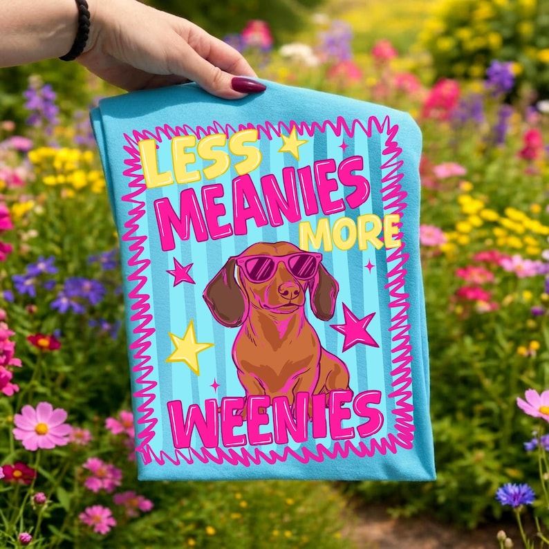May include: A turquoise t-shirt with the slogan "LESS MEANIES MORE WEENIES" in pink and yellow. The design includes a cartoon dachshund wearing sunglasses. The text and image are framed by a wavy, light blue border with vertical stripes.