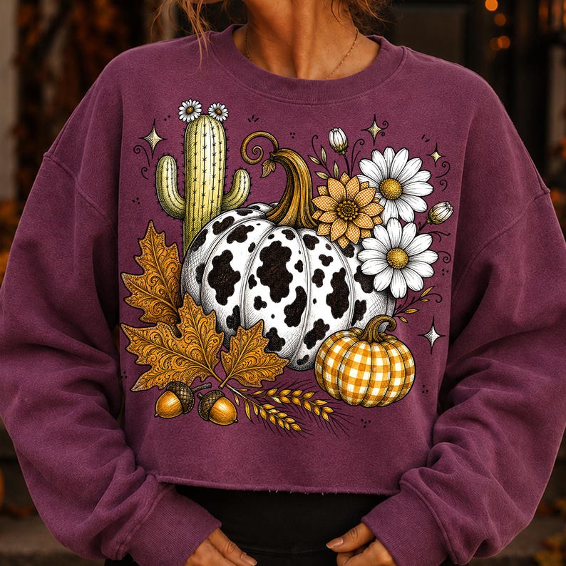 Puede incluir: Una sudadera de manga larga color ciruela con un estampado gr&aacute;fico de una calabaza con manchas de vaca, una calabaza peque&ntilde;a de cuadros amarillos, un cactus verde con flores blancas, hojas de oto&ntilde;o, bellotas, espigas de trigo y margaritas.