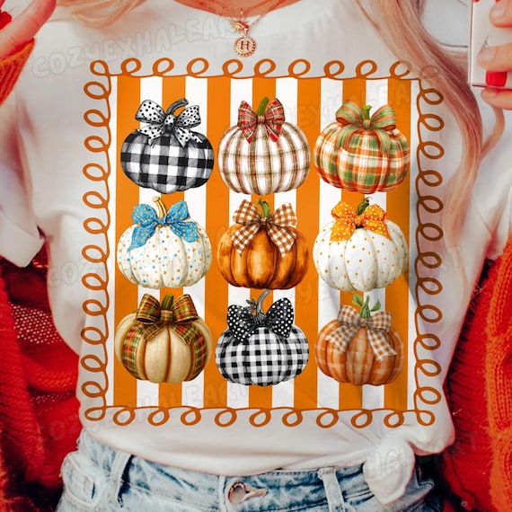 Autumn Coquette Pumpkin PNG: Gingham & Polka Dot Bow Clipart for Preppy Designs (Digital Download)