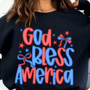 Preppy America Coquette PNG, God Bless America Bow Design, Christian 4th of July Sublimation, Patriotic Cross USA Shirt Graphic