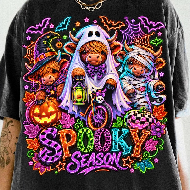 Vibrant Neon Highland Cow Halloween PNG design with retro glowing colors.