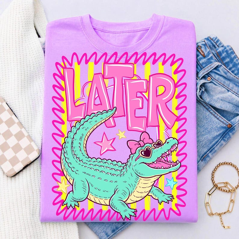 Senare Gator PNG Digital Design Rosa Alligator Preppy Sommar Sublimeringsfil Girly Randig Grafisk Barnskjorta Design DTF ClipArt bild 8
