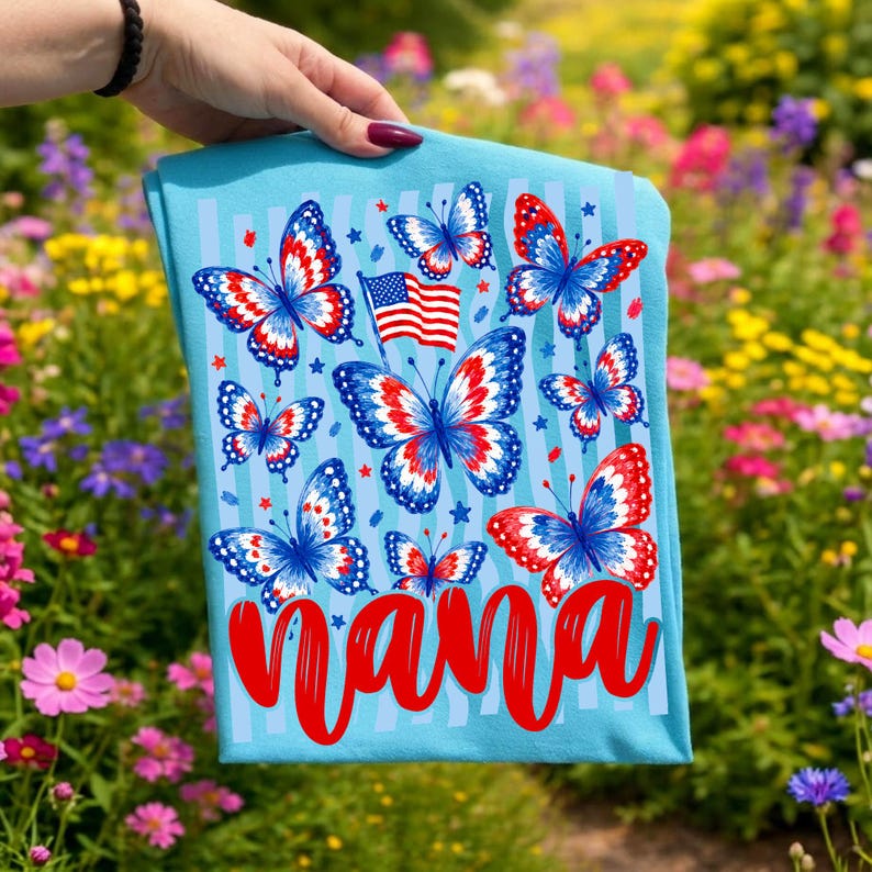USA Mama sublimation design with striped butterfly and floral elements on a wooden background