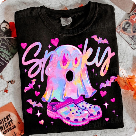Iridescent Neon Ghost PNG: Retro Halloween Sublimation Design for Girly Fall Shirts & Gifts