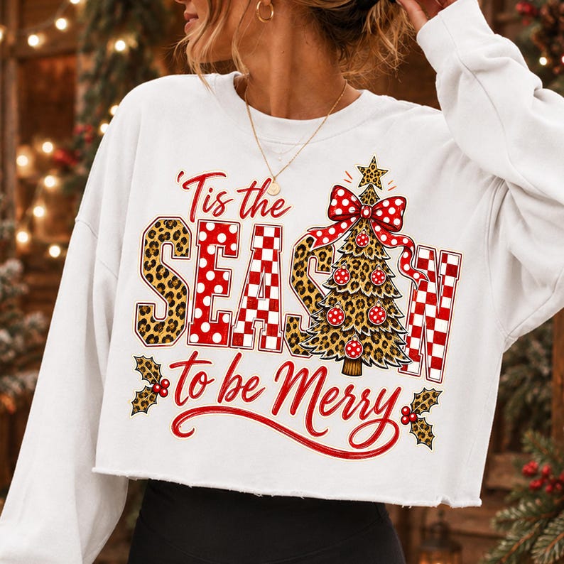 Leopard Christmas Tree PNG Design featuring a Red Gingham Bow and 'Tis the Season to be Merry text