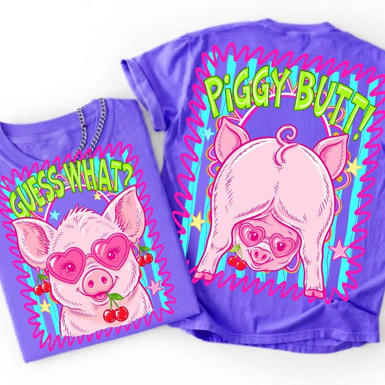 Vibrant neon 'Guess What Piggy Butt' PNG design on a white background, perfect for funny summer apparel.